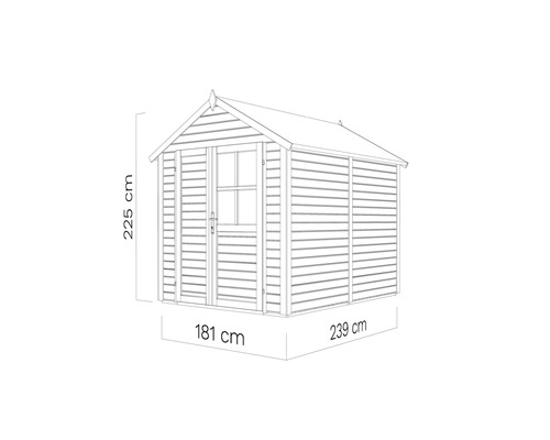 Image d''un abri de jardin avec dimensions : 225 cm de haut, 181 cm de large et 239 cm de profondeur.