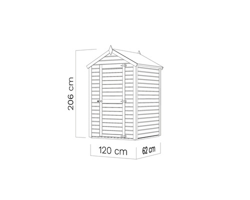 Dessin d''une remise de jardin avec des dimensions de 206 cm de hauteur, 120 cm de largeur et 62 cm de profondeur.