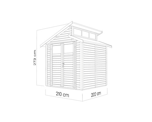 Abbildung eines Gartenhauses mit den Massen 273 cm Höhe, 210 cm Breite und 202 cm Tiefe