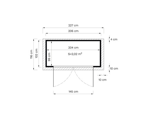 Plan avec dimensions en centimètres et surface en mètres carrés