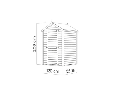 Illustration d''un abri de jardin avec des dimensions de 206 cm de hauteur, 120 cm de largeur et 126 cm de profondeur.