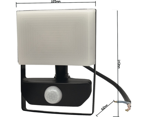 Lampe d''extérieur avec détecteur de mouvement et dimensions 105 mm x 143 mm x 62 mm.