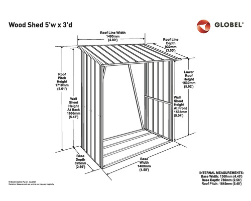 Technische Zeichnung eines Holzschuppens mit Maßangaben