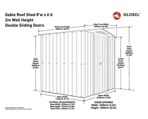 Abri de jardin Globel à toit à deux pentes, dimensions et ouverture de porte