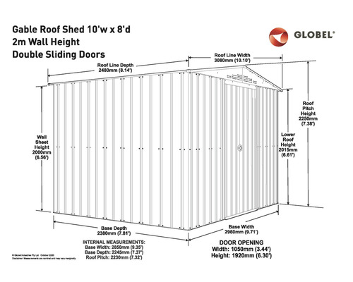 Schéma technique d''un abri de jardin à toit à deux pentes, dimensions 305 cm de large et 244 cm de profondeur, hauteur des murs 2 m et portes coulissantes doubles