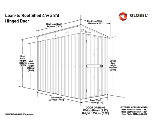 Schéma technique d''un abri de jardin à toit unique de 4 pieds de large sur 8 pieds de profondeur.