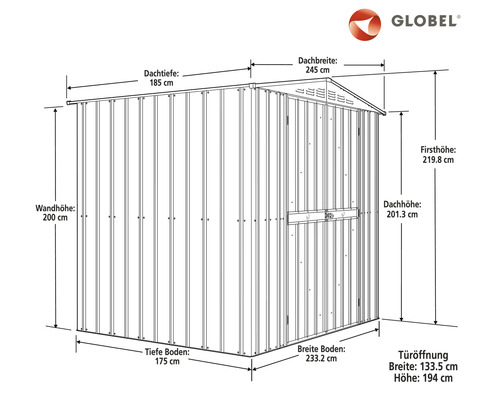 Dimensions de l''abri de jardin Globel: largeur du toit 245 cm, profondeur du toit 185 cm, hauteur des murs 200 cm, hauteur faîtière 219.8 cm