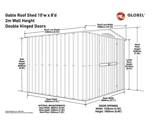 Image d''un abri de jardin à toit à deux pentes, dimensions et portes à double battant