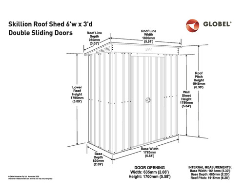 Schéma technique d''abri de jardin avec toit monopente, portes coulissantes et dimensions
