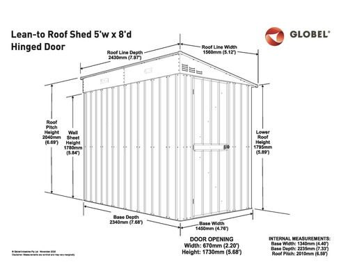 Dimensions de l''abri de jardin à toit unique et porte battante