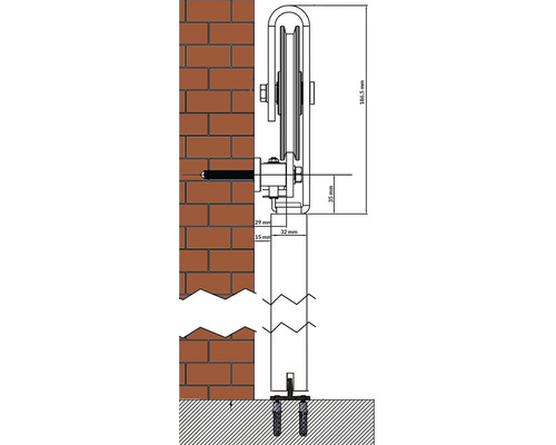 Technische Zeichnung eines Schiebetürsystems mit Massangaben zur Montage an einer Ziegelwand.
