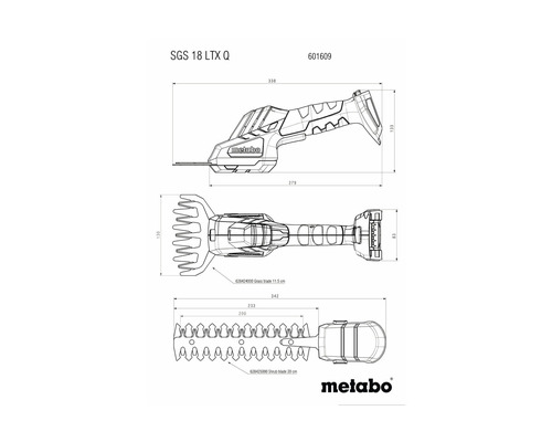 Metabo SGS 18 LTX Q Akku Grasschere und Strauchschere mit Maßangaben