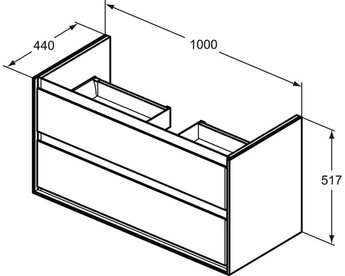 Zeichnung eines Waschtischunterschranks mit Schubladen und Maßangaben