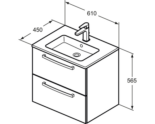 Dessin d''un meuble sous-vasque avec lavabo et robinet, dimensions 610 x 450 x 565 millimètres.