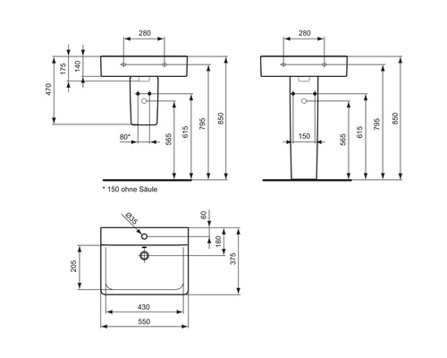 Dessin technique d''un lavabo avec dimensions