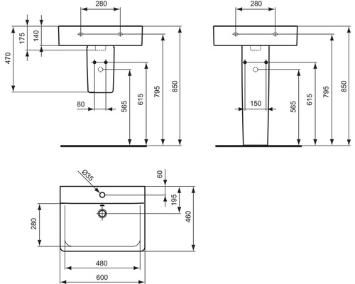 Dessin technique d''un lavabo avec dimensions.
