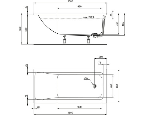 Technische Zeichnung einer Badewanne mit Maßangaben