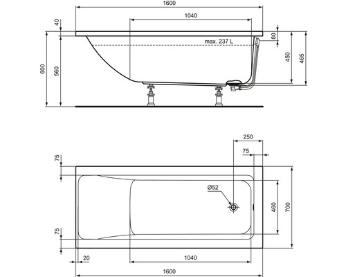 Dessin technique d''une baignoire avec dimensions