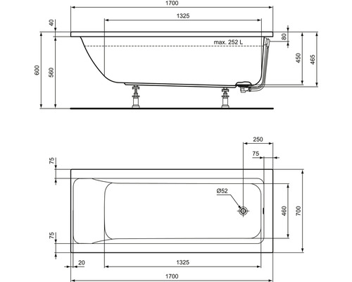 Schéma technique d''une baignoire avec dimensions.