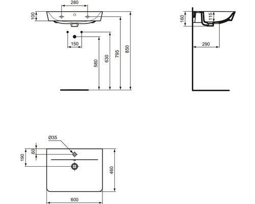 Technische Zeichnung eines Waschtisches mit Massangaben