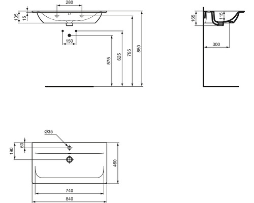 Technische Zeichnung eines Waschbeckens mit Maßen