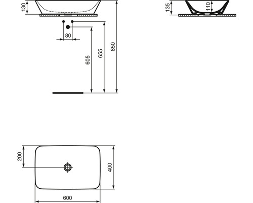 Schéma technique d''un lavabo à poser avec indications de dimensions