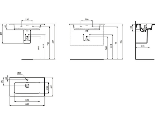 Schéma technique du lavabo avec les dimensions