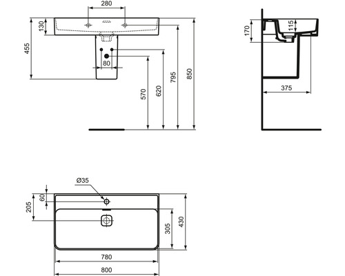 Schéma technique d''un lavabo avec dimensions