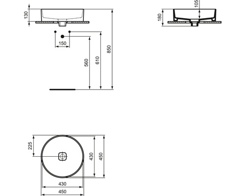 Dessin technique d''un lavabo à poser avec cotes