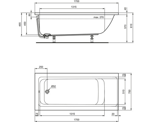 Dessin technique d''une baignoire avec dimensions