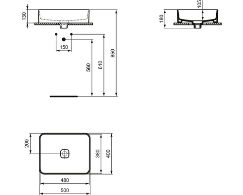 Technische Zeichnung eines Aufsatzwaschbeckens mit Maßangaben