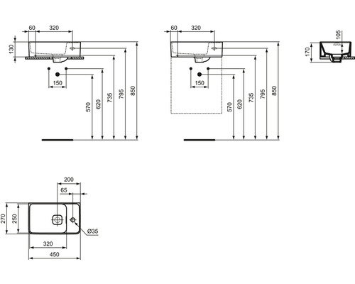 Technische Zeichnung eines Waschtischs mit Maßangaben