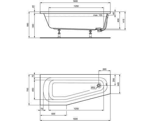 Technische Zeichnung einer Badewanne mit Maßangaben