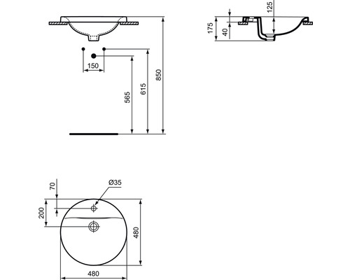 Technische Zeichnung eines Aufsatzwaschbeckens mit Maßangaben