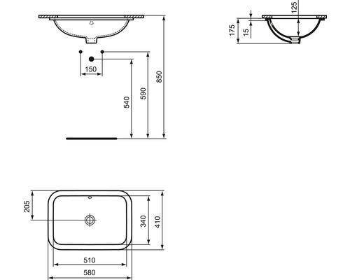 Technische Zeichnung eines Aufsatzwaschbeckens mit Massangaben.