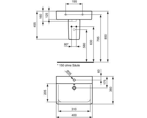 Masszeichnung eines Waschbeckens mit allen Massen