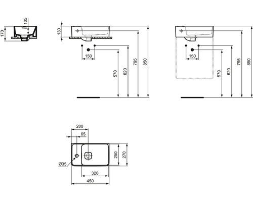 Technische Zeichnung eines Waschtisches mit Maßen.