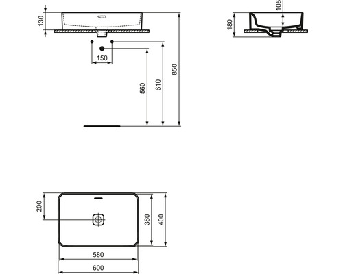 Schéma technique d''un lavabo à poser avec dimensions