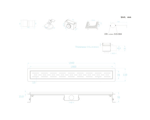 Schéma technique d''un caniveau de douche avec indications de dimension et détails des accessoires