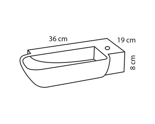 Zeichnung eines Waschtischs mit den Maßen 36 cm Breite, 19 cm Tiefe und 8 cm Höhe
