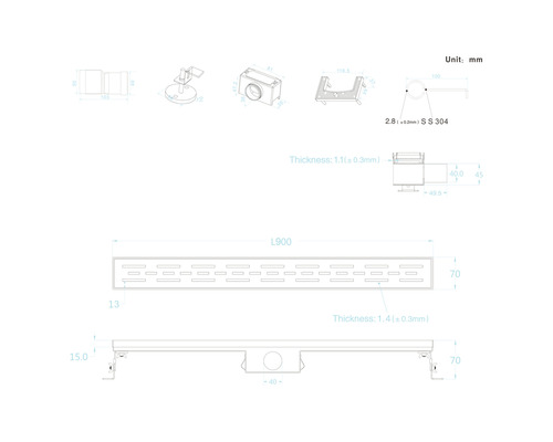 Dessin technique d''un caniveau de douche avec dimensions.