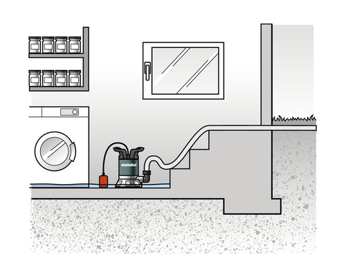 Logo Metabo. Illustration d''une pompe d''évacuation des eaux chargées dans la cave d''une maison.