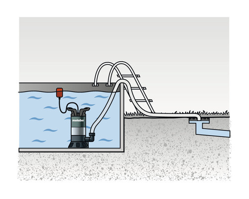 Metabo Logo. Illustration einer Tauchpumpe im Swimmingpool.