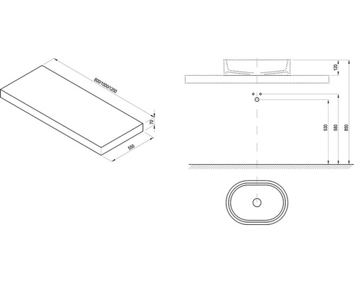 Technische Zeichnung einer Waschtischplatte mit den Maßen 800/1000/1200 x 550 x 70 mm