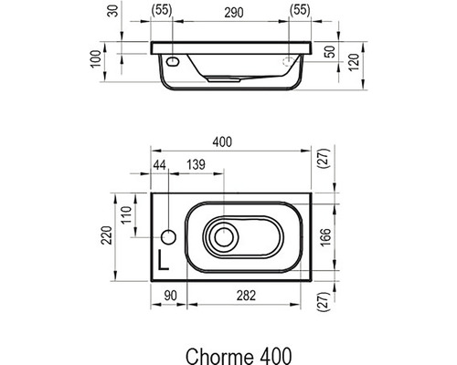 Schéma technique du lavabo Chorme 400 avec dimensions