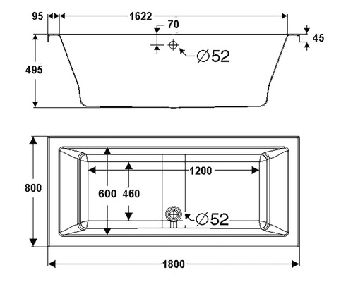 Technische Zeichnung einer Badewanne mit Maßangaben