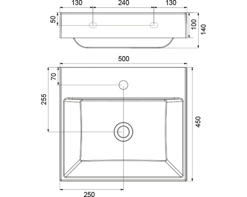 Technische Zeichnung eines Waschbeckens mit Maßangaben