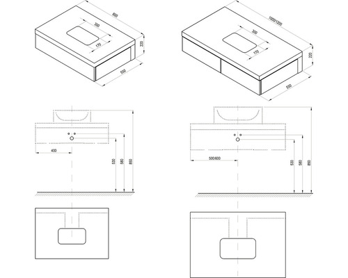 Dessin technique d''un meuble sous-vasque avec dimensions