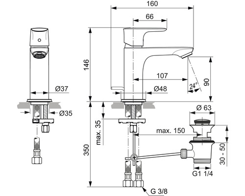 Schéma technique d''un robinet de lavabo avec dimensions