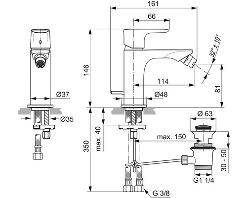 Technische Zeichnung einer Waschtischarmatur mit Bidetfunktion und Massangaben
